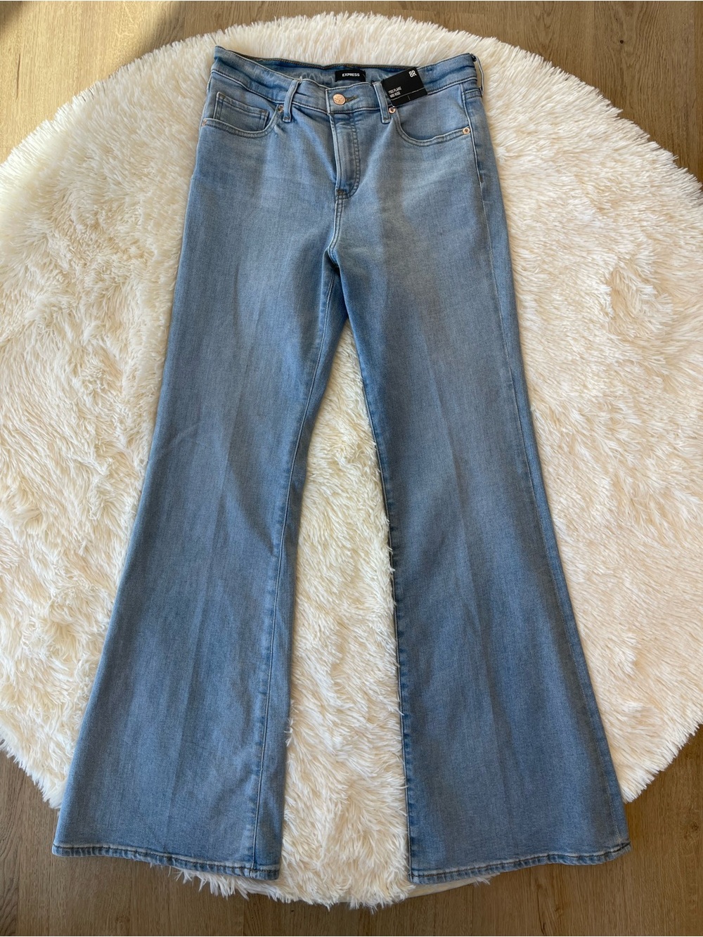 Express Light Wash Flare Jeans in Pale Blue